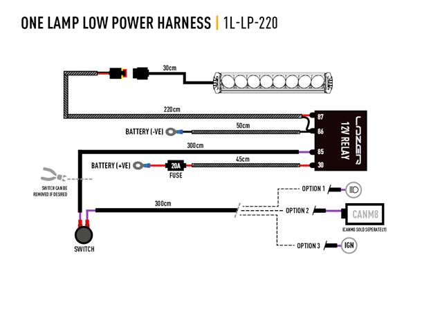 Lazer kabelsett til èn lampe AMP 2-Pin. Med Relè og bryter. 1,2 meter