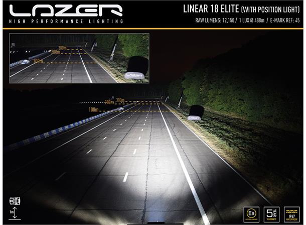 Lazer® Linear 18 ELITE positionlight Lengde 532mm. 12150 Lumen. Med parklys