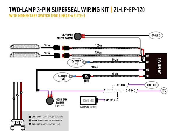 Lazer kabelsett til Linear 6 ELITE+ Til to lamper. 12V. to brytere