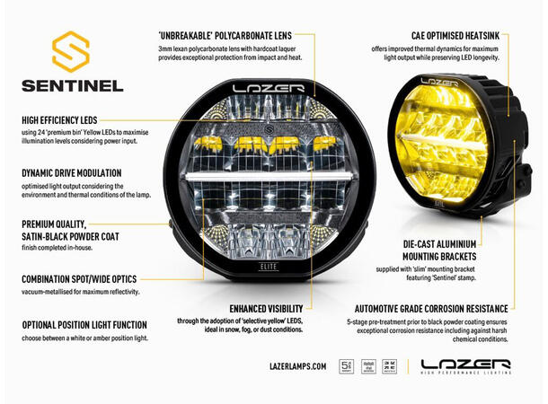 Lazer® Sentinel 7 ELITE YELLOW Gult Lys - med parklys. 9600  Lumen. 