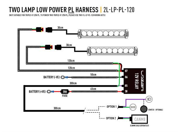 Lazer kabelsett til to lamper AMP 3-pin. Lampe med park. (Relè og bryter).